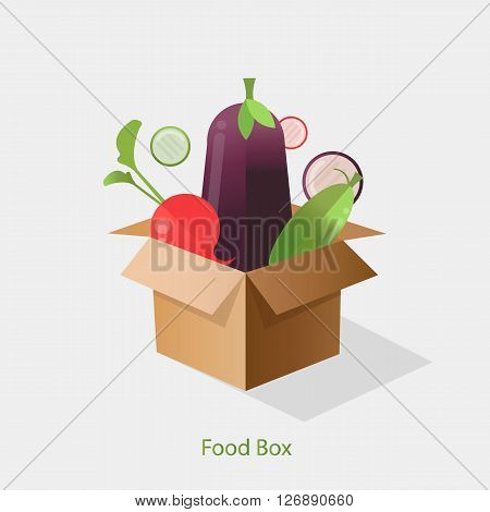 Cardboard box with fresh,healthy vegetables a flat style. Diet and organic food template.Food delivery.