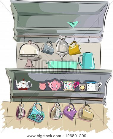 kitchenware with cup and teapots on a white background.