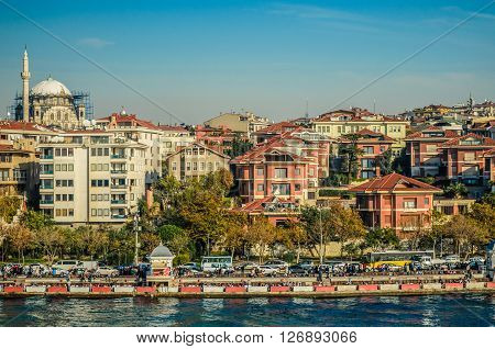 Istanbul, Turkey - November 8: the Asian part of Istanbul, the Uskudar shore, the view from the water in November 8, 2014, in Istanbul, Turkey.