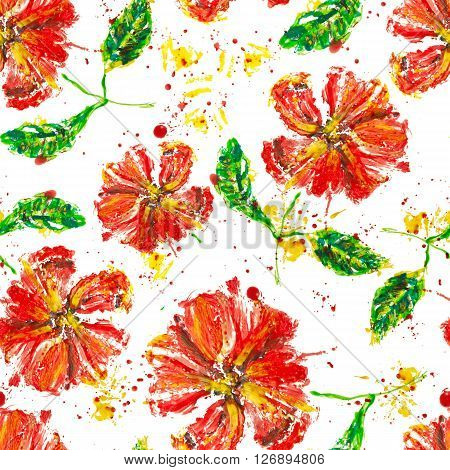 A seamless background pattern made up of a wax drawing of a red poppy with green leaves and colorful splashes