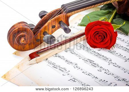 Close View Of Violin Scroll, Bow And Red Rose