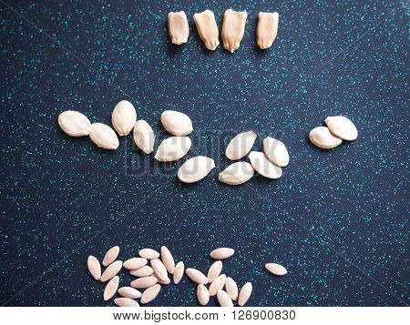 seeds of three types of vegetable cultures against a dark background