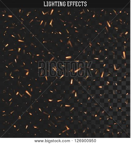 Sparks isolated realistic lighting with transparency for design.Sparks realistic effect.  Sparks from the fire.  Magic and bright lighting effects. Natural effects Fire spark effect.