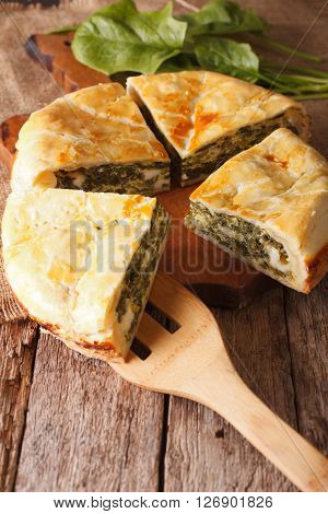 Tasty Sliced Greek Spanakopita Pie Close-up. Vertical