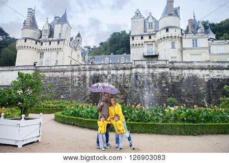 Beautiful Family Of Four In Front Of Usse Castle, Indre-et-loire