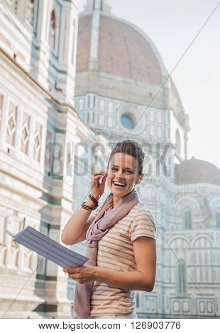 Happy Woman Tourist With Map Having Audio Walking Tour, Florence