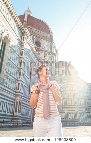 Woman Tourist Standing Near Duomo And Looking Into Distance