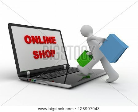 3D Man With Bags Going To Online Shop. Online Shopping Concept