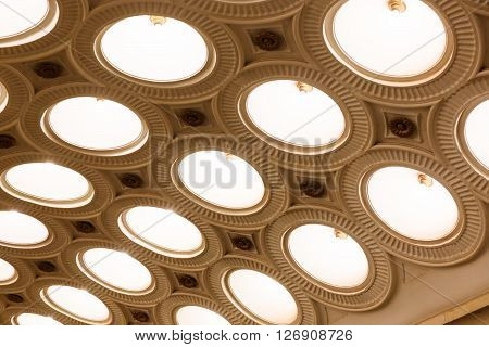 MOSCOW - MARCH 3: Closeup of the ceiling lighting caissons of the Elektrozavodskaya metro station on March 3 2016 in Moscow. It is one of the most spectacular stations of the Moscow subway.