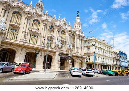HAVANA,CUBA- APRIL 20,2016 : Urban scene in downtown Havana with a view of the Great Theater and various hotels