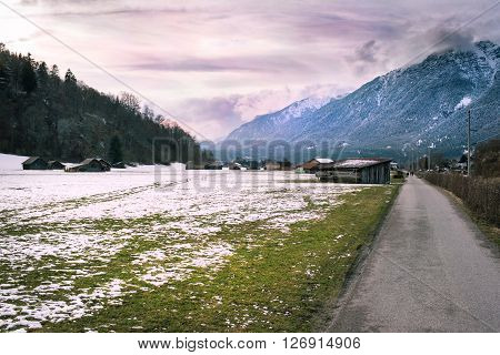 View over a walkway in Loisach Valley, Garmisch-Partenkirchen, Germany