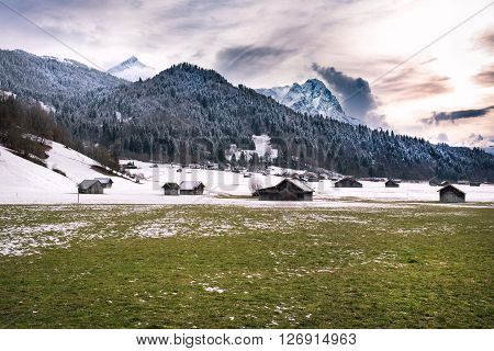 View over Alps from Loisach Valley, Garmisch-Partenkirchen, Germany