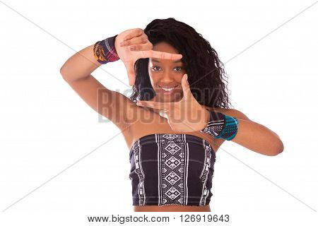 Beautiful African American Woman With Curly Hairs Making Frame Gesture