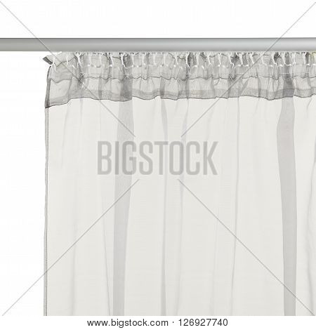 Fragment of the grey translucent curtain with mount. Back view. Isolated on white background. Include path.