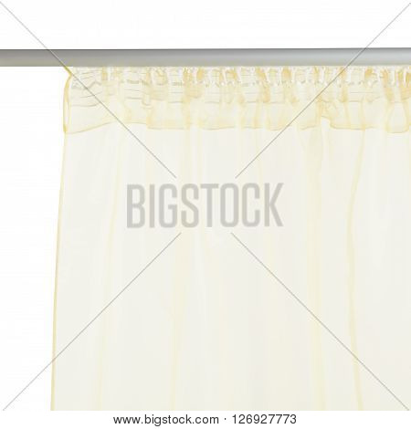 Fragment of the light brown translucent organza curtain with mount. Back view. Isolated on white background. Include path.