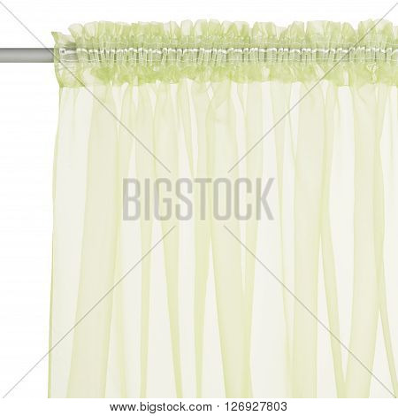 Fragment of the light green translucent organza curtain with mount. Back view. Isolated on white background. Include path.