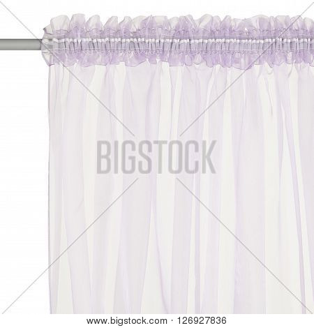 Fragment of the light pink translucent organza curtain with mount. Back view. Isolated on white background. Include path.