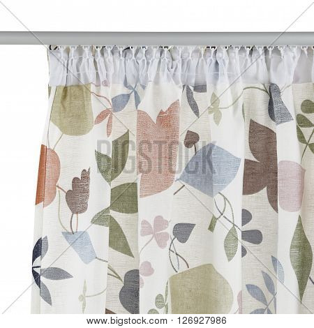 Fragment of the translucent curtain with mount. Floral pattern. Back view. Isolated on white background. Include path.
