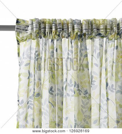 Fragment of the translucent curtain with mount. Floral pattern. Back view. Isolated on white background. Include path.