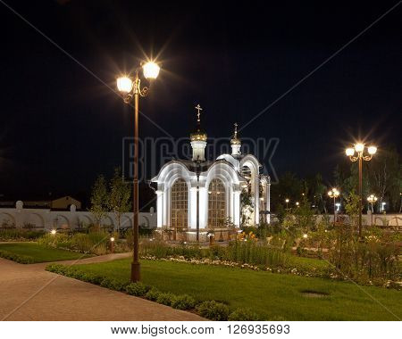 Orthodox temple complex. Architectural lighting. Internal territory of the complex. Street lamp in classic style chapel and bell tower. Sidewalks and landscaping
** Note: Visible grain at 100%, best at smaller sizes