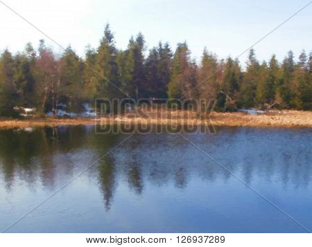 Lake reflections with forest dry brush watercolor painting