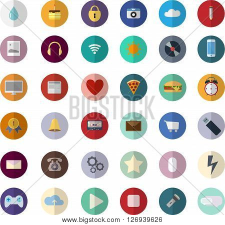Flat design modern vector illustration icons set of SEO website searching optimization and technology development object and equipment in stylish colors. Isolated on white background