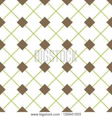 Vector seamless pattern with rhombs. Brown rhombs and green diagonal perpendicular lines on white background. Rhombic wallpaper design. EPS8 vector illustration. Pattern swatch included.