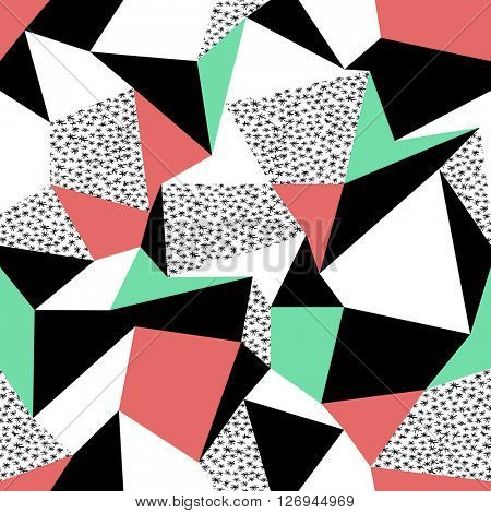 Pink and green triangles pattern design. Seamless print in retro style. Hand drawn asterisk