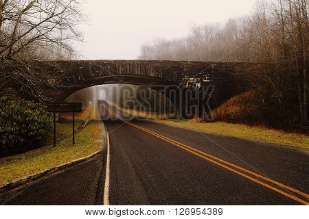 Old brige over road through a golden spooky forest with fog