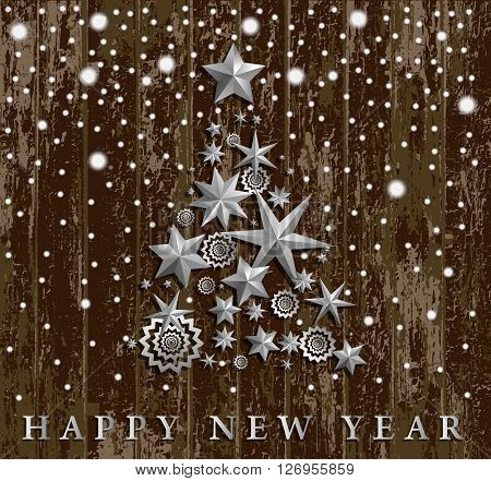 Christmas And New Year Abstract With Christmas Tree Made Of Stars And Snowflakes On Realistic Neige