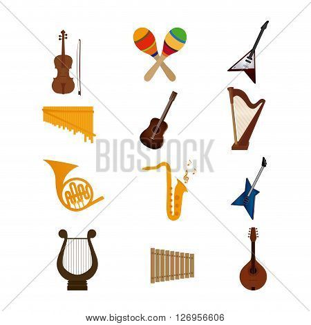 Set of different musical instruments on a white background