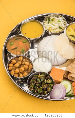 Group of Indian Food or Indian Thali, south indian thali, south indian compleat meal, south indian complete lunch, indian food thali