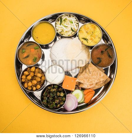 Group of Indian Food or Indian Thali, south indian thali, south indian compleat meal, south indian complete lunch, indian food thali