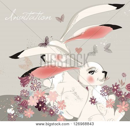 Beautiful hand drawn illustration with cute rabbits and field of flowers can be used hove valentines day greeting background