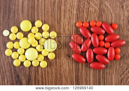 Heap of medical pills capsules or supplements for therapy concept of treatment and health care