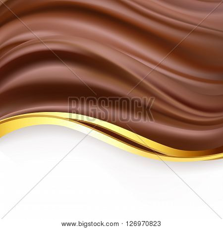 creamy chocolate with golden border over white background. sweet food design template background. delicious wavy dark chocolate cream on white. vector