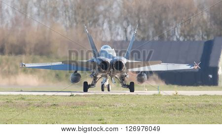 Leeuwarden, Netherlands - April 11, 2016: Finish Air Force F-18 Hornet Landing During The Exercise F