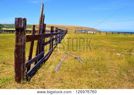 Rustic fence on abandoned ranchland taken at Santa Rosa Island, CA