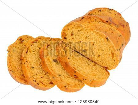 Chilli and cheese flavoured crusty bloomer loaf isolated on a white background