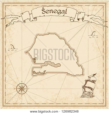 Senegal Old Treasure Map. Sepia Engraved Template Of Pirate Map. Stylized Pirate Map On Vintage Pape