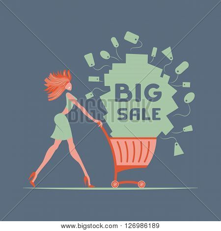 Vector illustrstion big sale. Girl with shopping cart.