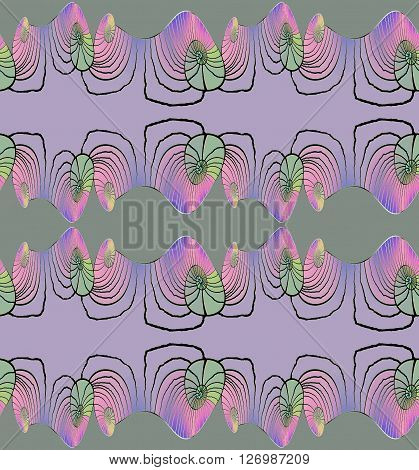 Abstract geometric seamless background. Regular spiral pattern horizontally in purple shades with violet, pink and pale green elements and wiggly lines in black, ornate and dreamy.