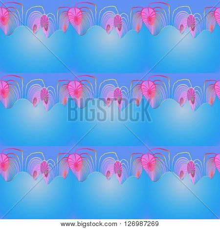 Abstract geometric seamless background. Dreamy spiral pattern with wiggly lines in pink, violet yellow and purple on light blue.