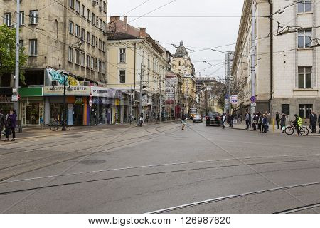 SOFIA BULGARIA - APRIL 14 2016: Downtown of Sofia is the largest city of Bulgaria with around 1.3 million people.
