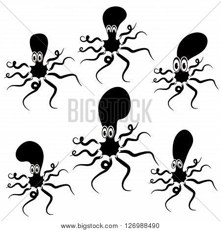 Set of Cartoon Octopus Silhouettes. Isolated on White Background. Sea Octopus. Octopus Icon. Octopus Silhouette. Sea Animal Octopus. Octopus Cute. Octopus Set. Giant Squid Icon. Cartoon Giant Squid.