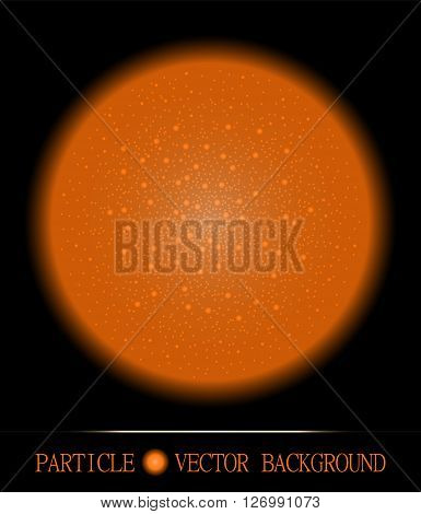 Abstract orange shpere of glowing light particles space black background. Atomic technology design. Background for presentations cards scientific and jewelry design. Vector illustration