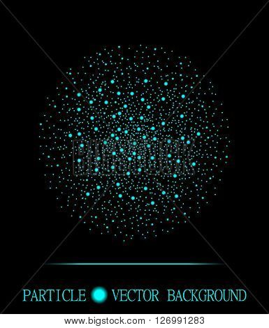 Abstract shpere of cyan glowing light particles space black background. Atomic explosion technology design. Style background for presentation cards scientific and jewelry design. Vector illustration