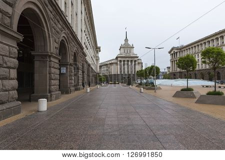 Sofia, Bulgaria - April 14: An Architectural Ensemble Of Three Socialist Classicism Edifices In Cent