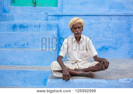 Jaisalmer, India - March 8, 2016: man posing in the street of Jaisalmer,India