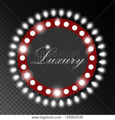 Shining retro red circle vintage banner with lights and lamps on transparent chess board background. Vector illustration